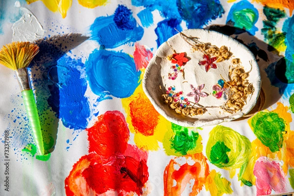 Fototapeta Colourful spots  drawing with paints and a brush, the concept of creativity