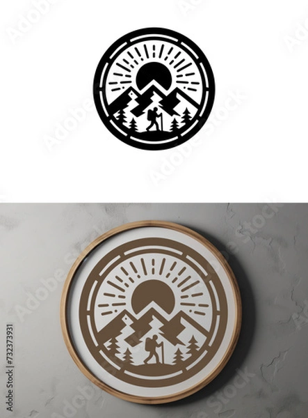 Obraz Black Three Mountain Badge in Circle White Signboard. adventure badge design. Mountains labels. Mountain Stamp. Mountaineering, climbing, hiking vector illustration. 
