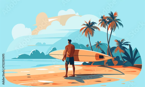 Fototapeta a man with a surfboard goes to the water vector illustration