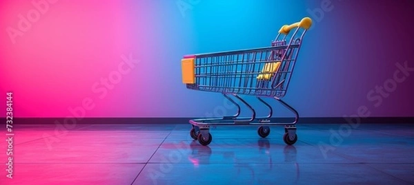 Fototapeta Shop-a-thon - A vibrant, colorful shopping cart with a yellow handle, showcasing a modern and stylish design. Generative AI