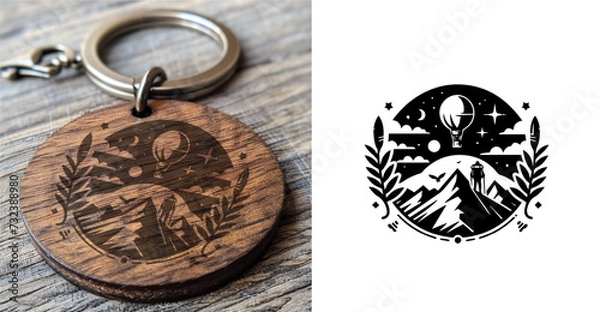 Obraz Black Mountain in the night view Key Chain. adventure badge design. Mountains labels. Mountain Stamp. Mountaineering, climbing, hiking vector illustration. 