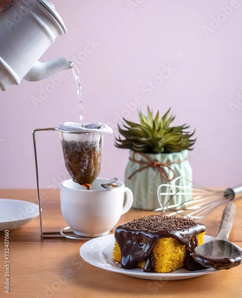 Obraz Bolo de cenoura com chocolate e café
