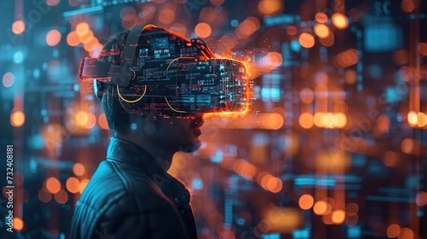 Fototapeta A person immersed in a futuristic virtual reality simulation, with glowing data graphics overlaying the real environment.