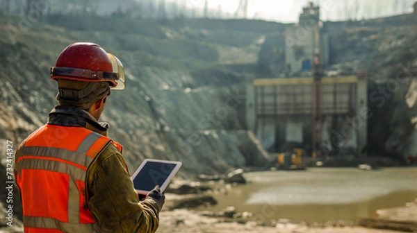 Obraz Engineer with Tablet Overlooking Mining Site
