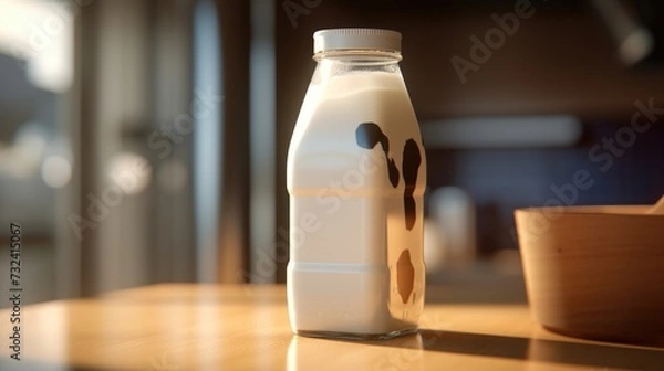 Fototapeta A bottle of milk sitting on top of a wooden table. Can be used to depict a cozy breakfast scene or to represent healthy lifestyle choices