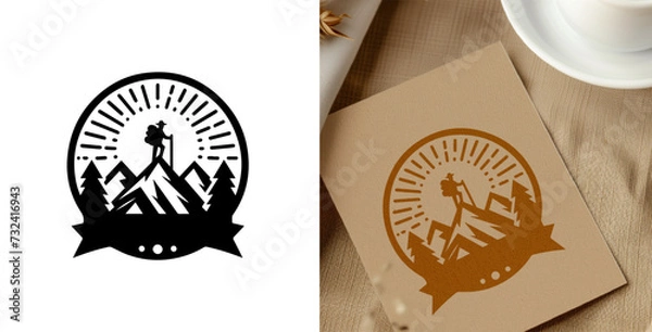 Obraz Hiking emblem logo with man silhoutte. adventure badge design. Mountains labels. Mountain Stamp. Mountaineering, climbing, hiking vector illustration. 