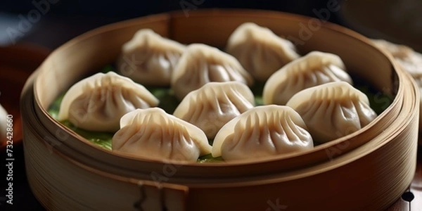 Fototapeta A wooden container filled with dumplings sitting on top of a table. Great for food and cooking related projects