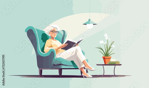 Fototapeta old woman reading book vector flat minimalistic isolated illustration