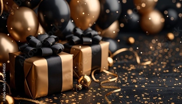 Obraz Golden Gift Wrapped in Black and Gold Ribbon Generative AI