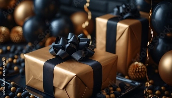 Obraz Golden Gift Wrapped in Black Bow: A Perfect Present for the Holidays Generative AI
