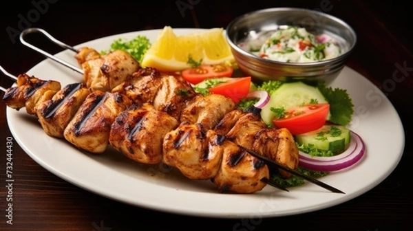 Fototapeta Fresh, homemade grilled chicken kebab with vegetables and spices on a dark background.