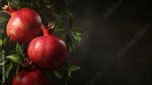 Fototapeta Healthy red pomegranate fruit trees. Rich harvest, pomegranate plantations with beautiful trees. Red, ripe pomegranates on a branch Fruits are very useful for a healthy lifestyle. Copy Space