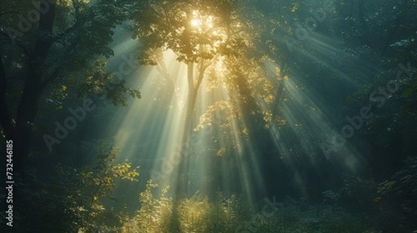 Fototapeta Find your inner peace as you wander through the serene forest, where the sun's rays create a magical dance of light and shadows among the trees.