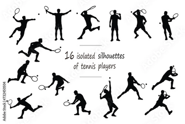 Obraz 16 silhouettes of tennis player with ball in polo shirt in motion: standing, running, rushing, jumping, serving, receiving