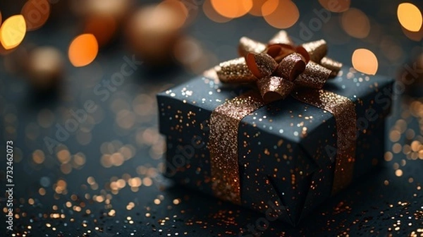 Fototapeta Golden Gift Box with Sparkling Bow for a Festive December Generative AI