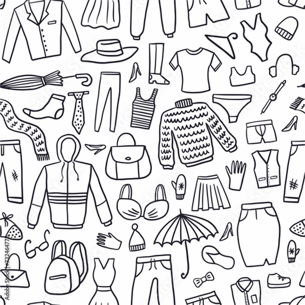 Obraz Vector seamless pattern of different clothes hand-drawn in doodle style