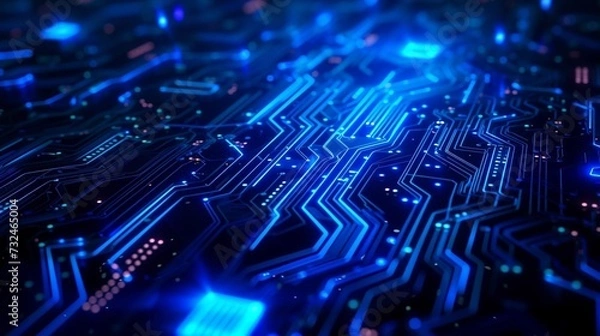 Fototapeta Geometric blue neon lights on a plain black background