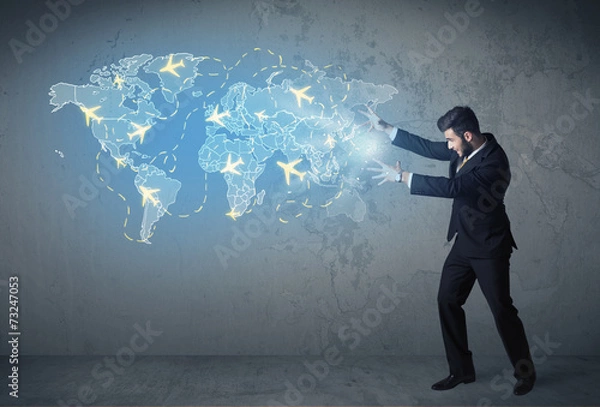 Fototapeta Business person showing digital map with planes around the world