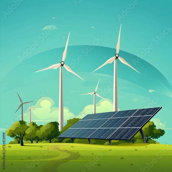 Fototapeta Wind power turbines with solar panels 