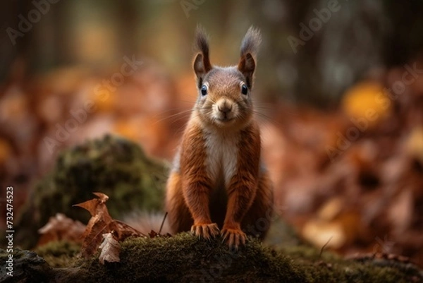 Fototapeta AI generated illustration of a red squirrel perched atop a mossy branch