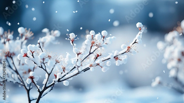 Fototapeta Winter landscape with frozen trees, snowflakes and blue bokeh lights.. Winter background. Generative AI technology.