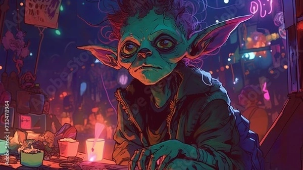 Obraz Comic-book art of a a female gremlin sitting at a bar with a tired look on her face, AI-generated