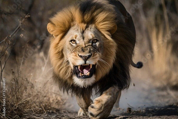 Fototapeta AI generated illustration of a majestic lion sprinting down a dirt road