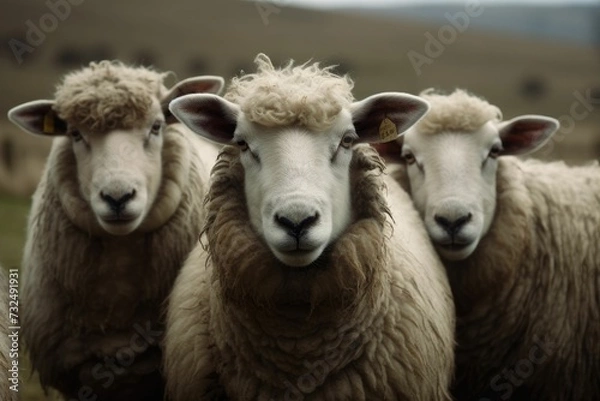 Fototapeta Sheep standing together in a lush green field gazing at the camera, ai-generated