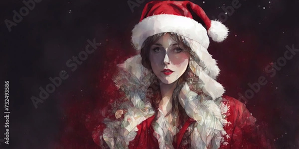Obraz Christmas girl santa claus in a red cap. Watercolor drawing, generative ai.