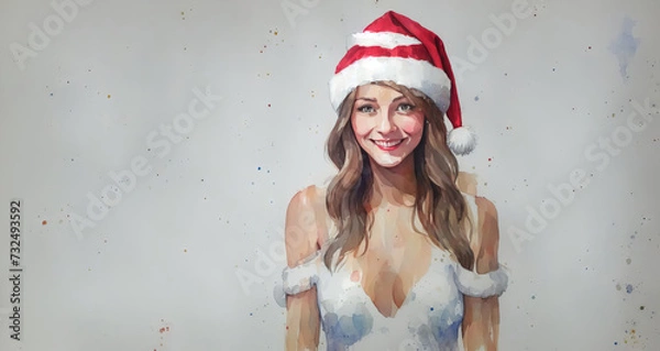 Obraz Christmas girl santa claus in a red cap. Watercolor drawing, generative ai.