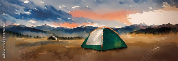 Obraz Tent against the backdrop of the mountains, camping in the wild. Watercolor drawing, generative ai.