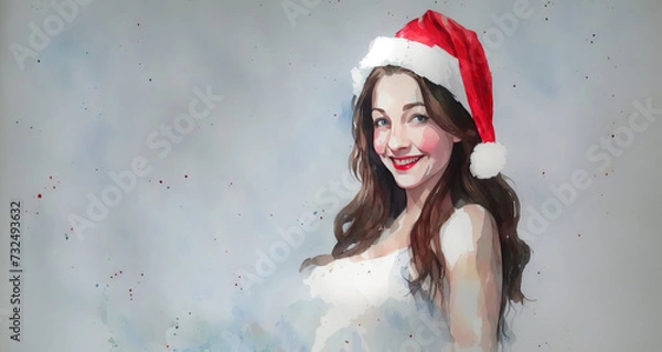Obraz Christmas girl santa claus in a red cap. Watercolor drawing, generative ai.