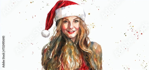Obraz Christmas girl santa claus in a red cap. Watercolor drawing, generative ai.