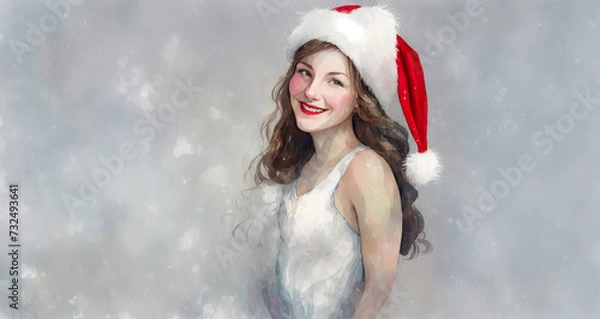 Obraz Christmas girl santa claus in a red cap. Watercolor drawing, generative ai.
