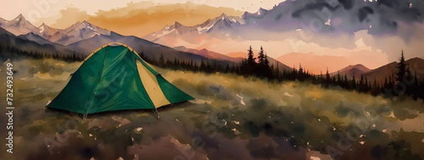 Obraz Tent against the backdrop of the mountains, camping in the wild. Watercolor drawing, generative ai.