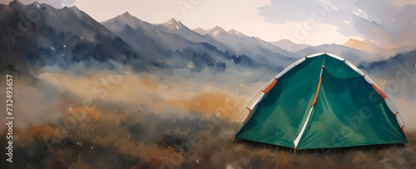 Obraz Tent against the backdrop of the mountains, camping in the wild. Watercolor drawing, generative ai.