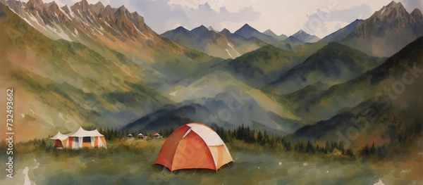 Obraz Tent against the backdrop of the mountains, camping in the wild. Watercolor drawing, generative ai.