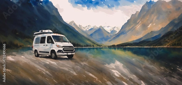 Obraz Mobile home on the road. Summer holiday in the mountains on a camper. Watercolor drawing, generative ai.