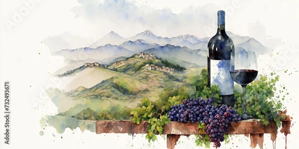 Obraz A bottle of wine with a vineyard on the background of a plantation. Drawing, generative ai.