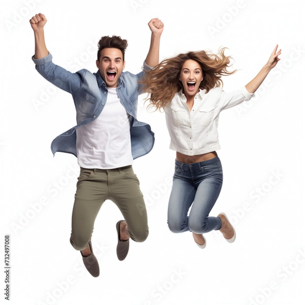 Obraz young excited couple jumping on white background isolated image