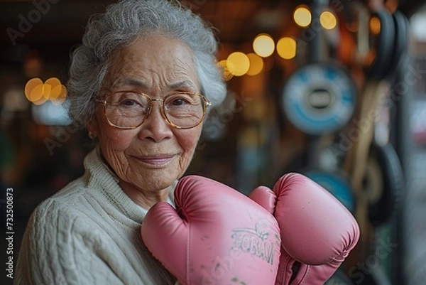 Obraz Pink Boxing Glove with a Smile: A Catchy Adobe Stock Title for a Senior Woman Posing with a Pink Boxing Glove Generative AI