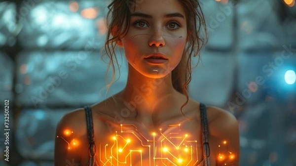 Obraz Glowing Circuit Board Art: A Futuristic, Neon-Lit Portrait of a Woman Generative AI