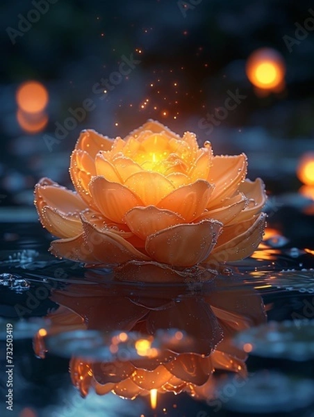 Fototapeta Glowing Lotus Flower in a Pond on a Rainy Night Generative AI
