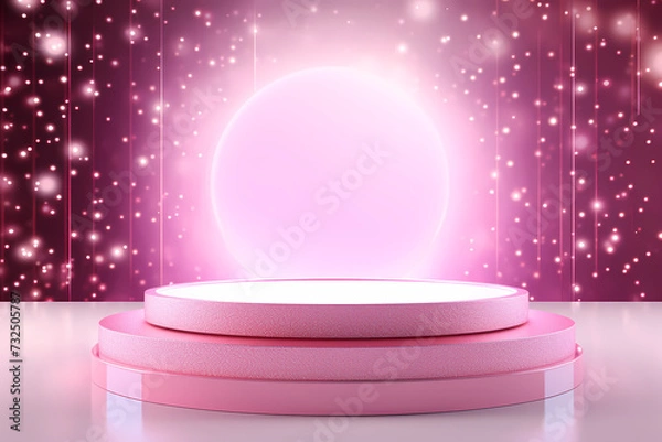 Obraz Pink podium 3d illustration background , mock up display with sparkle and glitter for beauty products or holiday event.	
