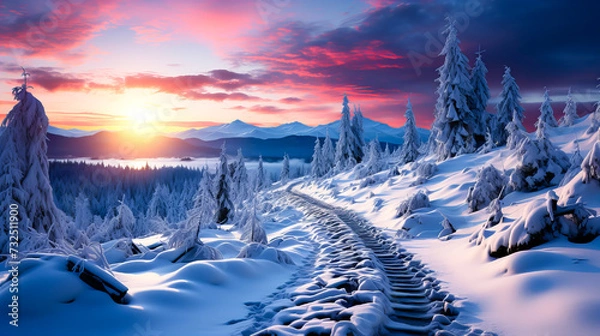 Fototapeta Fantastic winter landscape with snow covered trees. Colorful sunset over mountain river. Generative AI technology.