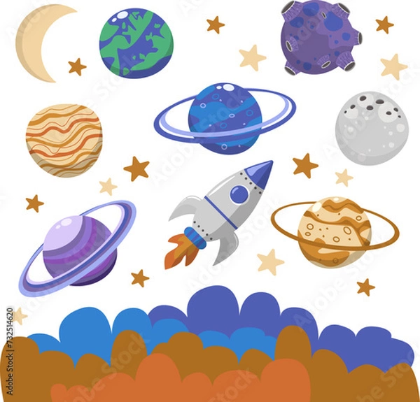 Obraz Set of vector elements of planets in space, Saturn, moon, Mars, Venus, rocket flies up, dense clouds from below, Stars, flat cartoon style for child boy