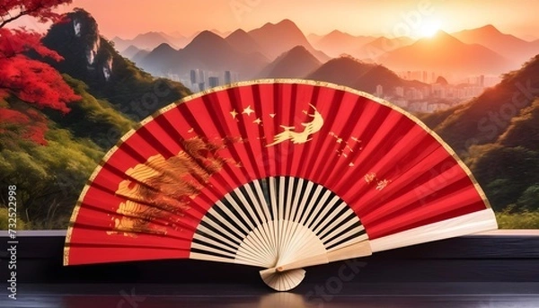 Fototapeta Chinese traditional fan macro, landscape in the background at sunset