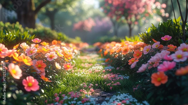 Obraz Beautiful garden with blooming flowers.