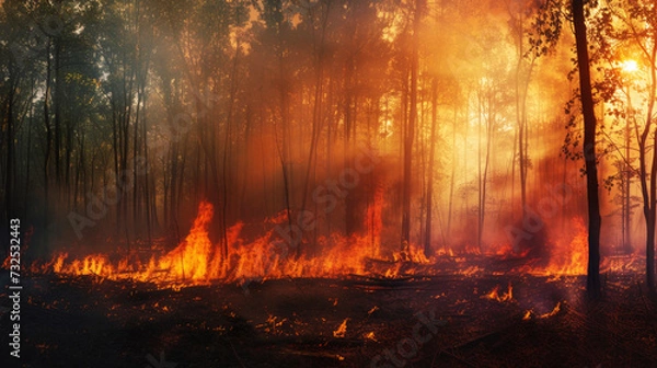 Fototapeta Forest Wildfire at Twilight, Panoramic view of a devastating forest wildfire at dusk, with flames and smoke rising into the twilight sky.