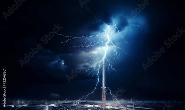 Fototapeta Gigantic tower antenna towering above a modern, industrial city, is hit by the blue lightning in the night storm. Electricity sparks shatter and run down the lightning rod to the ground.